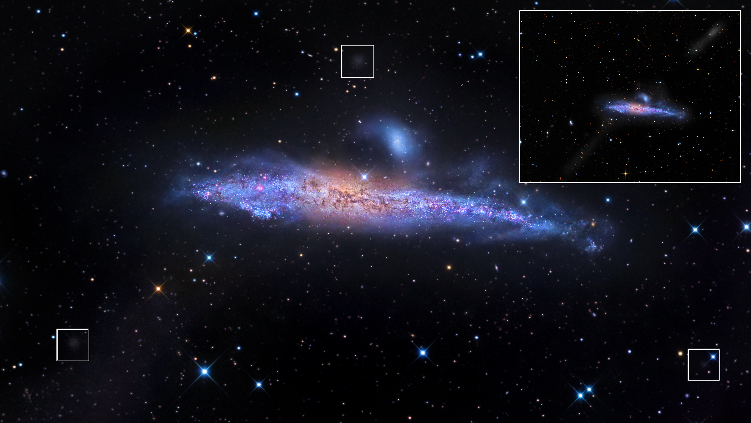 NGC 4631 new satellites and stellar stream in Canes Venatici (wide view)